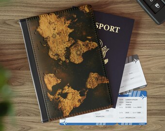Funda para pasaporte con mapa del mundo vintage: organizador de viajes con bloqueo RFID