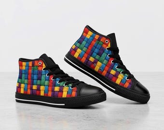 Colorful Woven Pattern High Top Sneakers, Women's Canvas Festival Shoes, Vibrant Street Style Gift