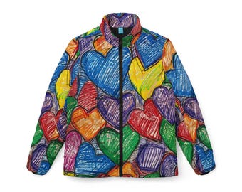 Colorful Heart Print Puffer Jacket, Lightweight Women's Winter Coat