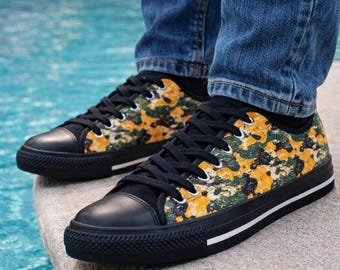 Yellow Camo Low Top Sneakers, Women's Canvas Street Shoes