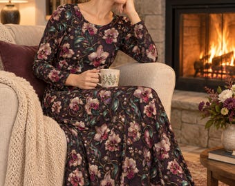 Orchid Botanical Dress, Dark Floral Long Sleeve Midi
