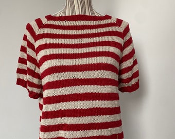 Iconic White Cream and Red striped T-Shirt by Cocooning Yarns for women handmade knit to measure all sizes XS to XXL large and small sizes