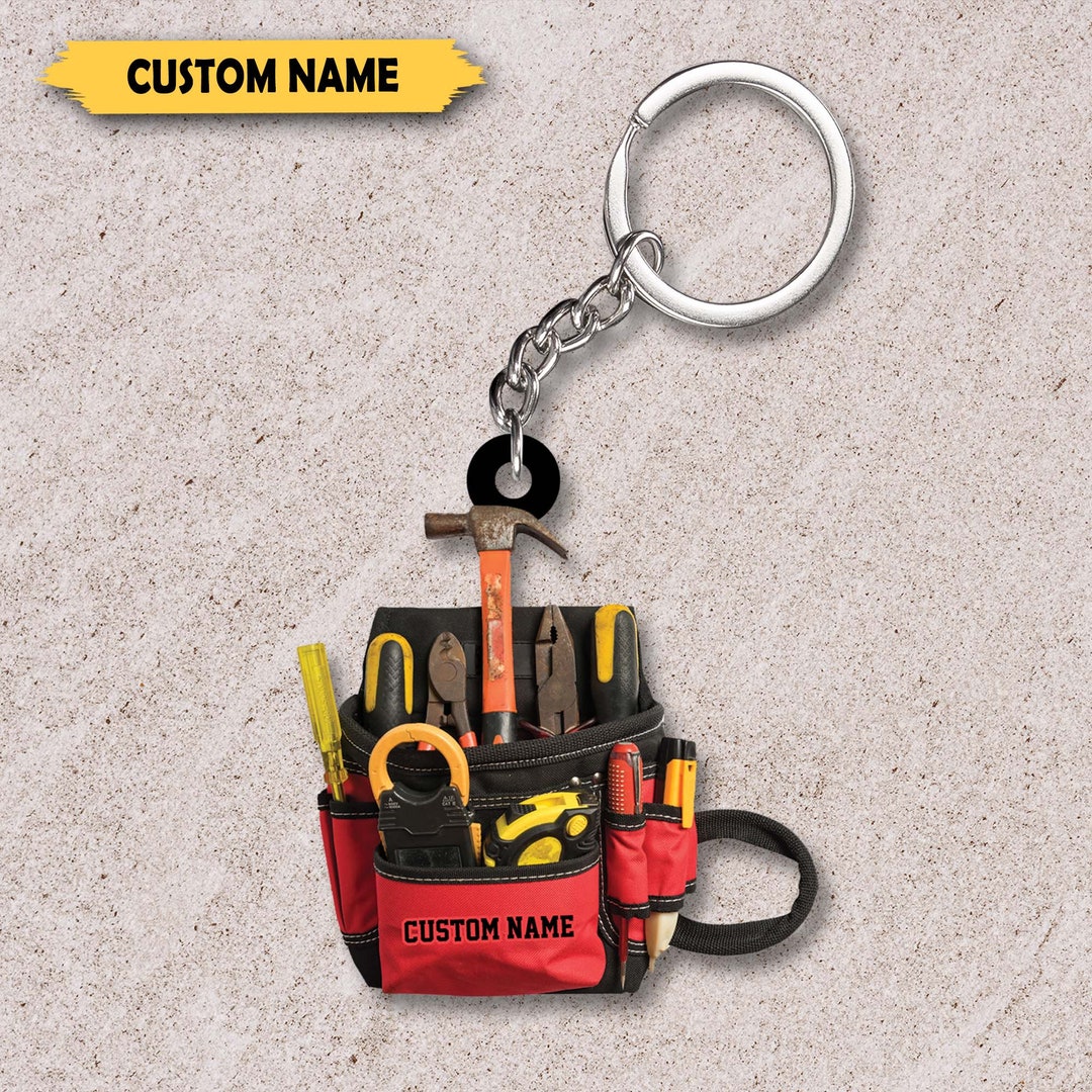 Personalized Name Construction Tools Bag Keychain, Gift for
