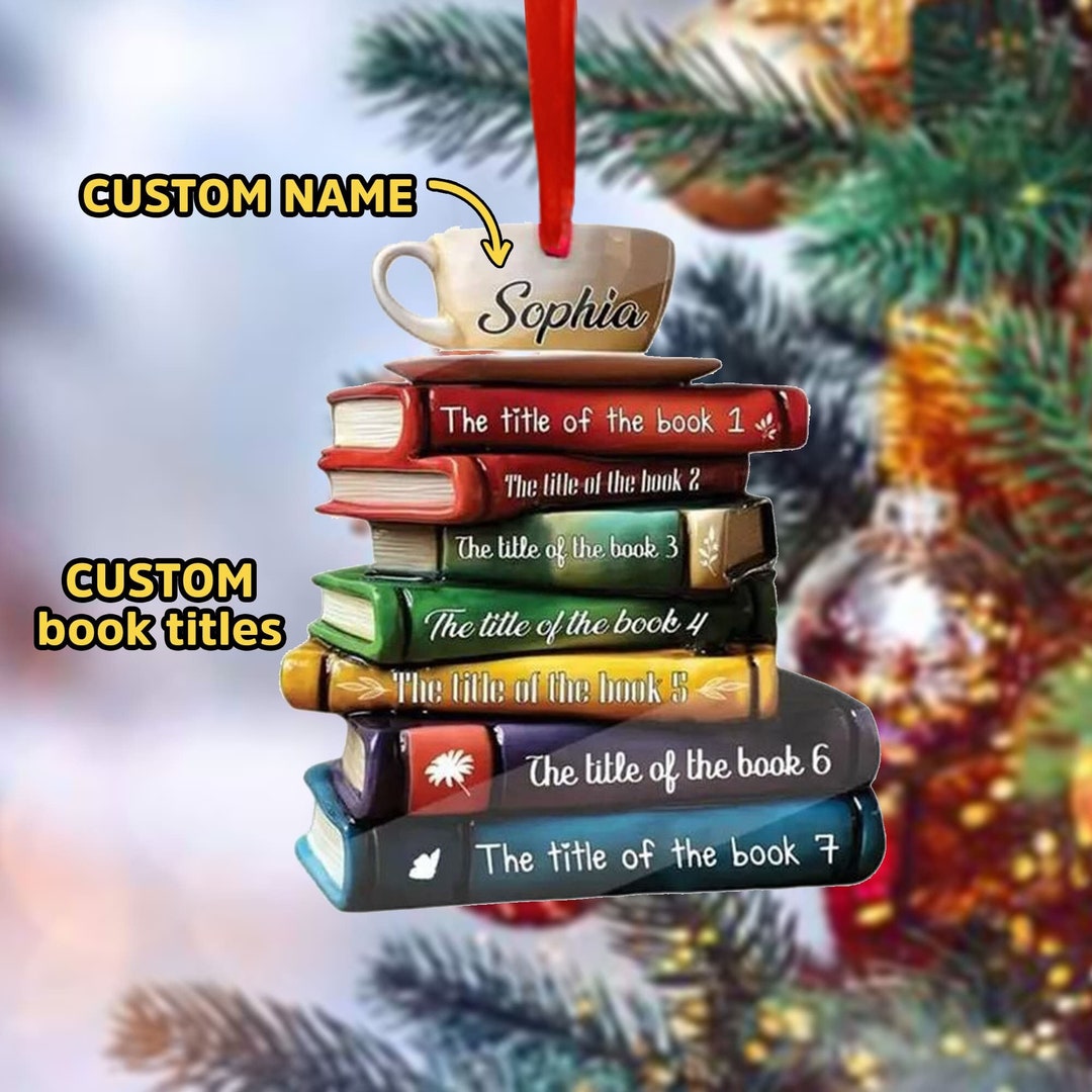 Personalized Books Stack Christmas Ornament, Custom Book Ornament, Book