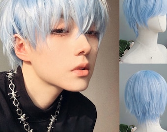 Sea Blue Short Natural Wigs with Bangs, Summer Short Wigs for Halloween Cosplay Anime Party, Man's Cool Wig, Heat Resistant Wig