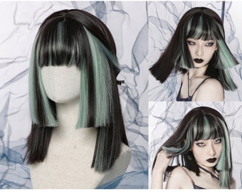 Mint Black Brown Coquette Short Straight Natural Wigs With Bangs, Bob Wigs, High Temperature Silk Wigs,Halloween Cosplay Cool Goth Wigs