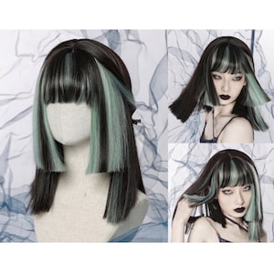 Mint Black Brown Coquette Short Straight Natural Wigs With Bangs, Bob Wigs, High Temperature Silk Wigs,Halloween Cosplay Cool Goth Wigs