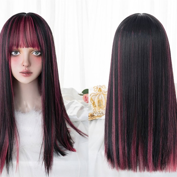 Black Highlights Pink Long Straight Wigs With Bangs, Pink Black Long Wigs, Girls' Wigs, Women's Wigs, Play Wigs, High Temperature Silk Wigs