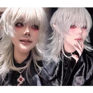 Silver White Mullet Wigs With Bangs, Wolf Cut Silver White Long Wigs, Fashion Wigs, High Temperature Silk Wigs Halloween Cosplay Vampire