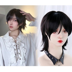Black Mullet Short Wigs with Bangs, Cool Short Natural Wigs for Men, Man&#39;s Cool Wig, Heat Resistance Hair, Mullet Wig, Play Wig