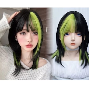 Black Green Mullet Wig, Shoulder-length Straight Natural Wig with Bangs, Dress Up Wig, Sexy Black Green Wig, High Temperature Silk Wig