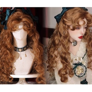 Honey Brown Long Curly Wigs with Curl Bangs, Retro Long Curly Brown Wig with Bangs, Halloween Cosplay Princess Doll Lolita Wigs Costume