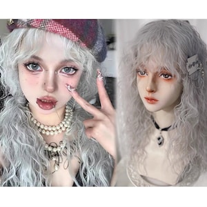 Goth Grey Curly Wigs With Curly Bangs, Cyberpunk Mullet Light Grey Wigs, Gothic Steampunk Wigs, Halloween Cosplay Play Wigs, Mullet wig