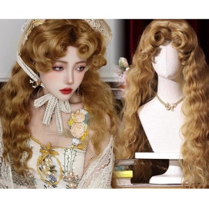 Gold Brown Long Water Wave Wigs with Curl Bangs, Retro Long Curly Brown Wig with Bangs, Halloween Cosplay Princess Doll Lolita Wigs Costume