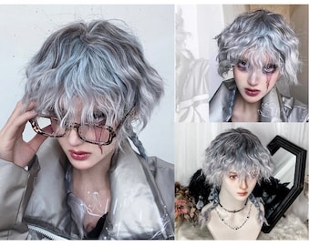 Silver Grey Short Wavy Wigs With Curly Bangs, Cyberpunk Mullet Wavy Short Wigs, Gothic Men's Wigs, Halloween Cosplay Anime Wigs, Mullet wig