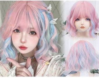 Rainbow Pink Short Natural Wig with Bangs,  Cute Pink Blue Green Water Wave Short Wig, Dress Up Wig, Play Wig, Heat Resistance Wig