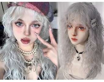 Goth Grey Curly Wigs With Curly Bangs, Cyberpunk Mullet Light Grey Wigs, Gothic Steampunk Wigs, Halloween Cosplay Play Wigs, Mullet wig