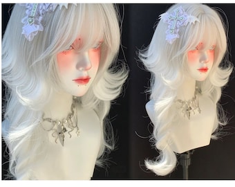 Grey White Long Loose Wave Wig for Women, Natural Wig for Girl, Synthetic Hair, Cap Style, Wig for Cosplay Princess Fairy, Emo Wig