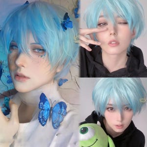 Mint Blue Gradient Short Natural Wigs with Bangs, Summer Short Wigs for Halloween Cosplay Anime Party, Man&#39;s Cool Wig, Heat Resistant Wig
