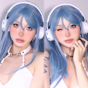 Blue Long Straight Natural Wigs With Bangs,Dress Up Wig,Goddesses Wig Halloween Cosplay Mermaid Wig,Women&#39;s Wigs, High Temperature Silk Wigs