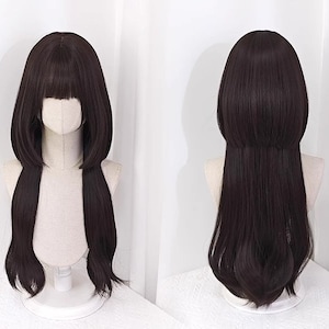 Black Brown Hime Cut Wig, Long Straight Natural Wig with Bangs, Cute Jellyfish Wig, Dress Up Wig, Play Wig,Heat Resit Wig,Goth Black Wig