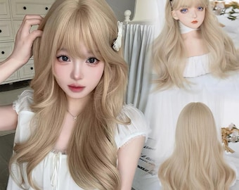 Blonde Wave long Wig With Bangs, High Temperature Fiber
