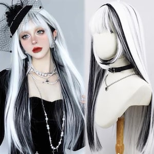 White Black Long Straight Wigs With Bangs, Sexy Y2K Kpop Party Dress up Wig, Girls&#39; Wigs, Women&#39;s Wigs, Play Wigs, High Temperature Silk Wig