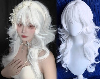 Parrucca bianca lunga e ondulata per donna, parrucca naturale per ragazza, capelli sintetici, stile berretto, parrucca per cosplay principessa fata regina, parrucca bianca riccia