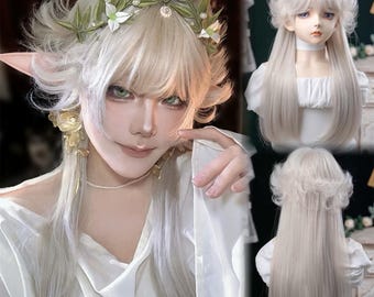 毛先が外側にカールしたゴールドホワイトのロングウィッグ、耐熱ファイバー製、コスプレ妖精ハロウィン