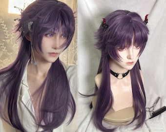 May include: A purple wig with long, layered hair. The wig is styled with a side part and features a natural-looking hairline. The wig is shown on a mannequin head, with a black choker and small red horns.