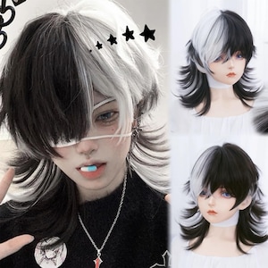 Black Brown White Mullet Short Wigs with Bangs, Wolf Cut Natural Wigs, Man's Cool Wig, Heat Resistance Hair, Mullet Wig, Play Wig,Unisex Wig