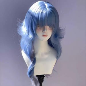 Jellyfish Long Wavy Wig With Bangs, Sky Blue Y2K Wig for Party Halloween Cosplay Kpop Girls Women, High Temperature Silk Wigs