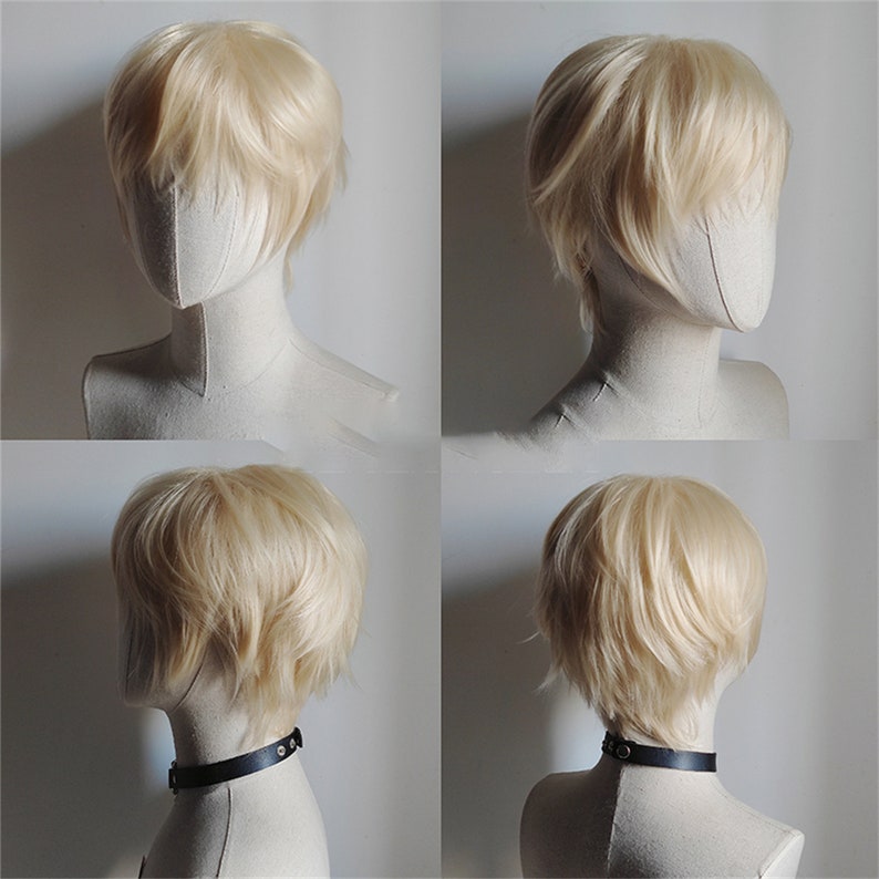 May include: A light blonde wig with a short, layered style is displayed on a mannequin head. The wig has a natural-looking hairline and is styled with soft waves. The mannequin is wearing a black choker. The image shows the wig from multiple angles.