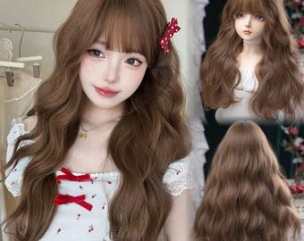 Brun, vågig lång peruk med lugg, högtemperaturfiber