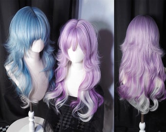 Jellyfish Long Wavy Wig With Bangs, Gradient Purple Blue Y2K Wig for Party Halloween Cosplay Kpop Girls Women, High Temperature Silk Wigs