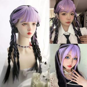 Purple Black Straight Natural Wigs With Bangs for Women, Gothic Purple Wigs, High Temperature Silk Wigs, Cosplay Halloween Party Wig