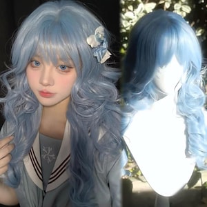 Blue Long Loose Wave Wig for Women, Natural Wig for Girl, Synthetic Hair, Cap Style, Wig for Cosplay Princess Fairy Queen, Curly Blue Wig