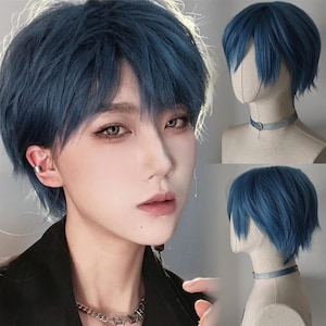 Blue Short Wig with Bangs, Unisex Short Wig, Halloween Cosplay Prince Wig for men, Convention Anime Wig, Heat Resistant Wig, Wig Aesthetics