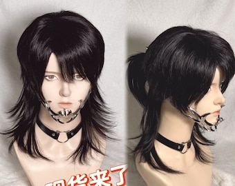 Black Brown Mullet Short Wigs with Bangs, Wolf Cut Natural Wigs, Man's Cool Wig, Heat Resistance Hair, Mullet Wig, Play Wig, Unisex Wig