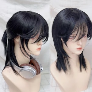 Black Mullet Short Wigs with Bangs, Wolf Cut Natural Wigs, Man's Cool Wig, Heat Resistance Hair, Mullet Wig, Play Wig, Unisex Wig