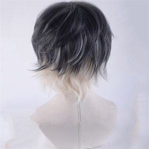 Pu&ograve; includere: Una parrucca corta e a strati con una miscela di grigio scuro, bianco e biondo chiaro. La parrucca presenta uno stile mosso con un effetto sfumato, che passa da radici scure a un colore pi&ugrave; chiaro, quasi bianco, alle estremit&agrave;. La parrucca &egrave; esposta su una testa di manichino.