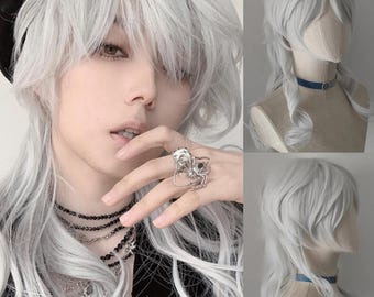 ?Cosplay Hair++Women Men Cosplay Hair Wig Short Straight Anime, Silvery Grey Apollo - 13 inch Silvery Grey Layered Short Cosplay Wig main image 3