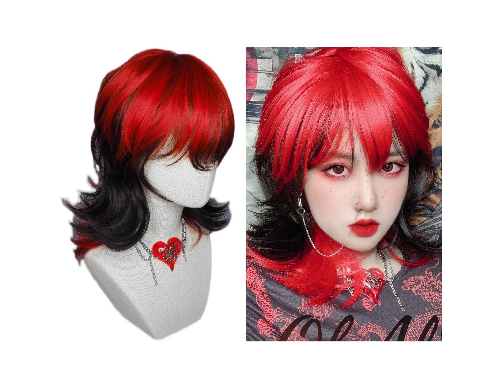 Steampunk Red Black Natural Wigs Gothic Sexy Shoulderlength Etsy