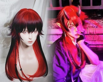 Goth Black Red Mullet Wig, Wolf Cut Wig for Cosplay Vampire Devil Halloween Costume Wig, Heat Resistant Wigs