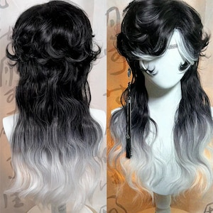 Goth Black White Mullet Wig, Wolf Cut Wig for Cosplay Vampire Devil Halloween Costume Wig, Heat Resistant Wigs, Uni-sex Wig