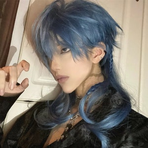 Wolf Cut Short Natural Men&#39;s Wigs, Blue Brown Wave Mullet Wigs, Halloween Cosplay Anime Wigs, Man&#39;s Cool Wig, Heat Resistant Wigs