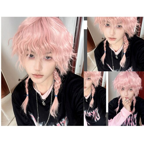 Pink Short Wavy Wigs With Curly Bangs Cute Sakura Pink Mullet Etsy