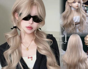 Blonde Water Wave long Wig With Curtain Bangs, Front Lace Wig, High Temperature Fiber