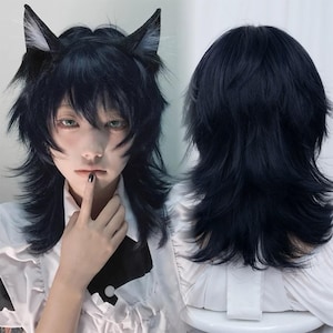 Black Blue Mullet Short Wigs with Bangs, Wolf Cut Natural Wigs, Man&#39;s Cool Wig, Heat Resistance Hair, Mullet Wig, Play Wig, Unisex Wig