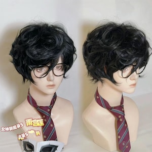 May include: A black wig with short, wavy hair, styled to resemble a character. The wig is paired with round, black-framed glasses and a burgundy tie with a striped pattern. A white mask is visible at the bottom.